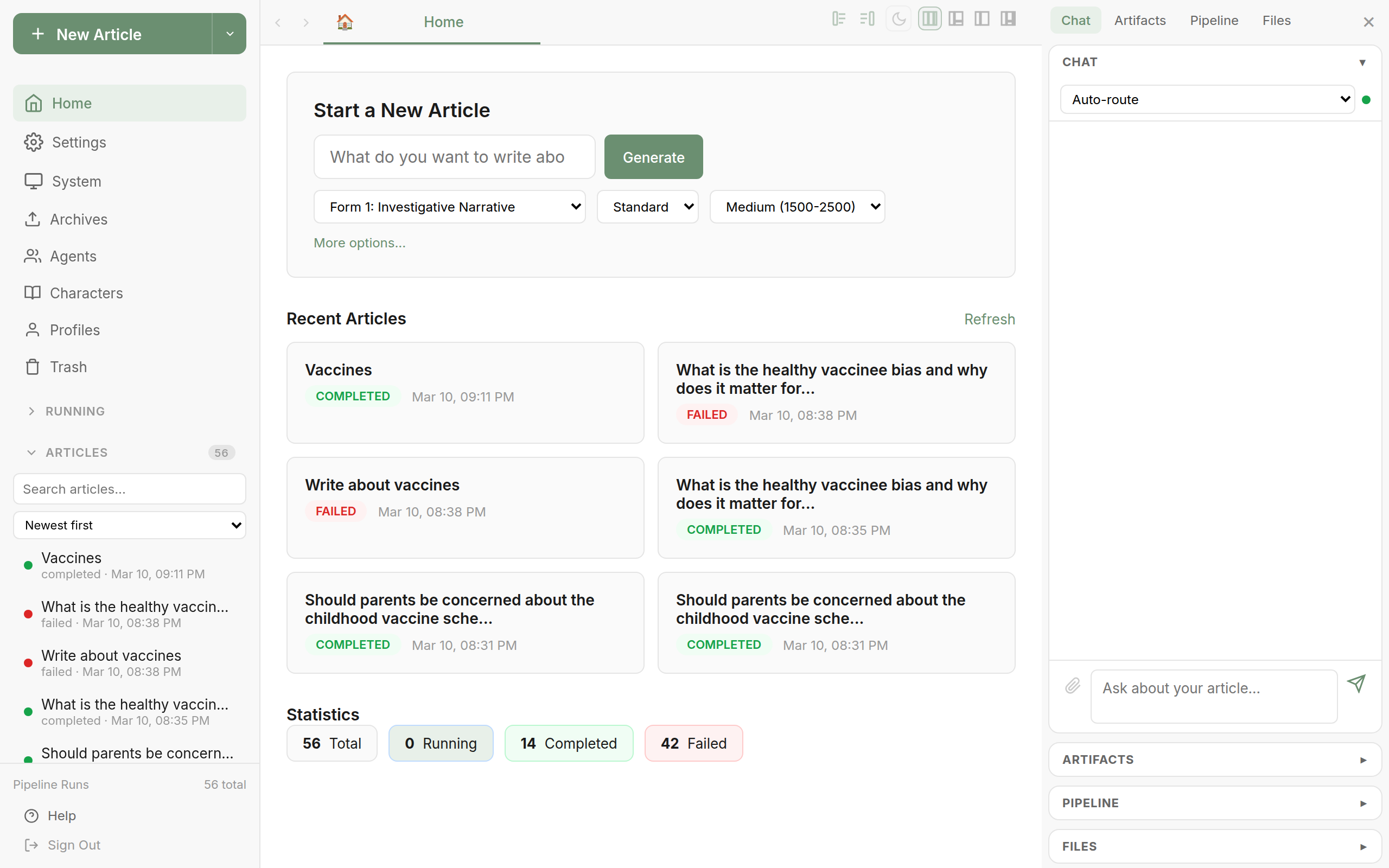 Scribblios Content Engine — Article Outline View